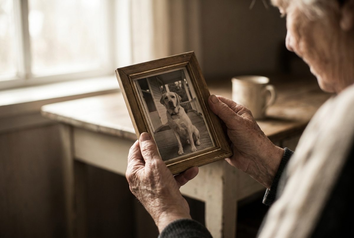 Hands holding a small framed photo of a dog by a window