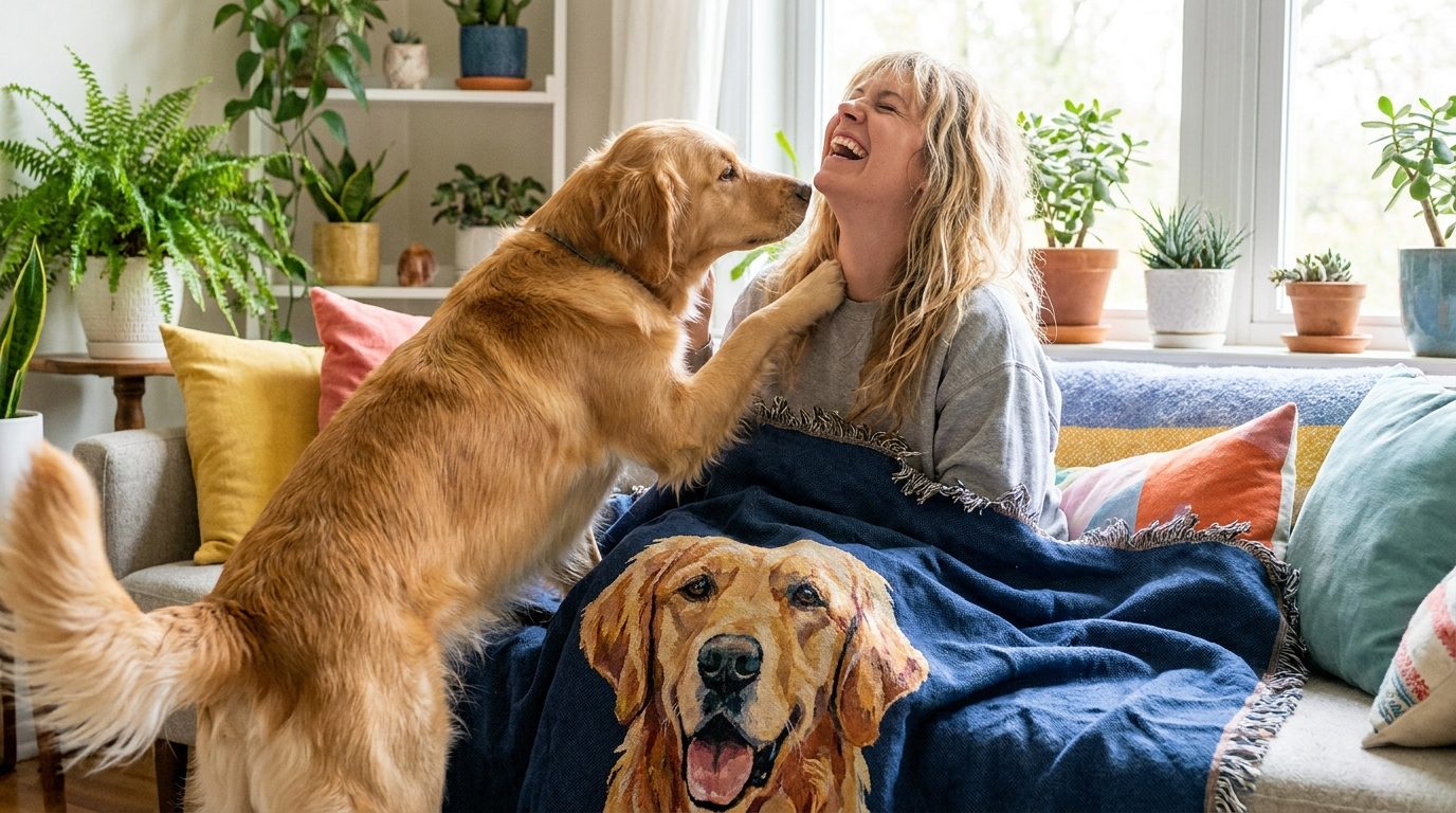 A woman laughing with her golden retriever under a blanket printed with the dog's portrait