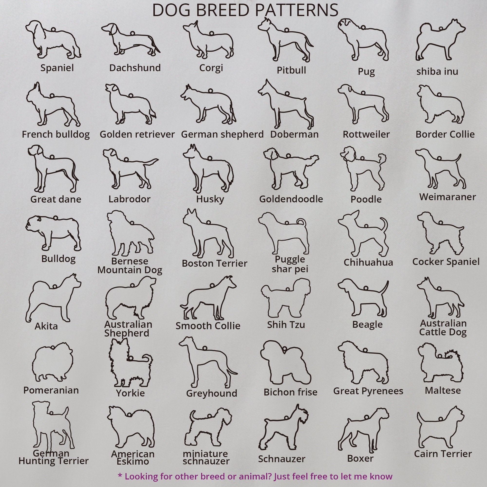 Chart of various dog breed silhouettes labeled by breed name.