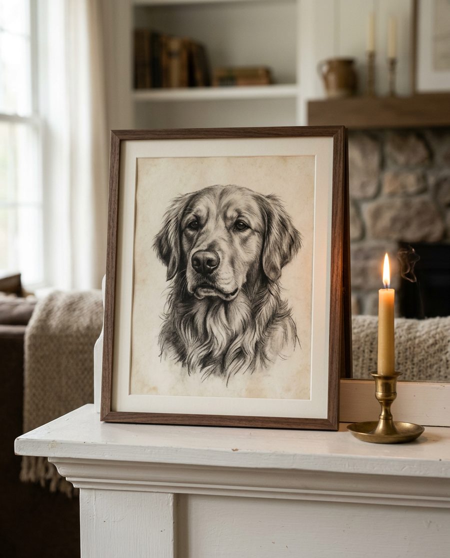 A framed portrait of a golden retriever on a mantel beside a candle