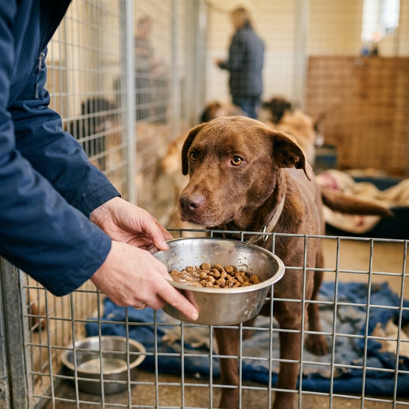 A shelter dog being fed from a bowl